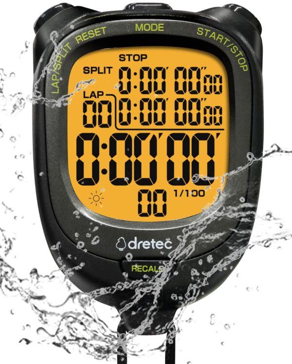 dretec Digital Stopwatch Timer Waterproof Backlight Alarm Calender for Swimming Running Training Kids Coaches Black