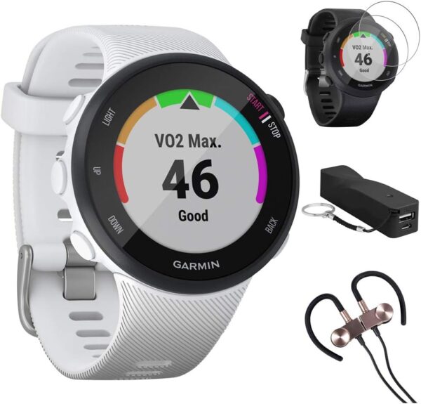 Garmin Forerunner 45S GPS Running Watch 39mm (White) - 010-02156-00 w/Accessories Kit Includes, Deco Gear Sport Wireless Earbud, Portable Keychain...