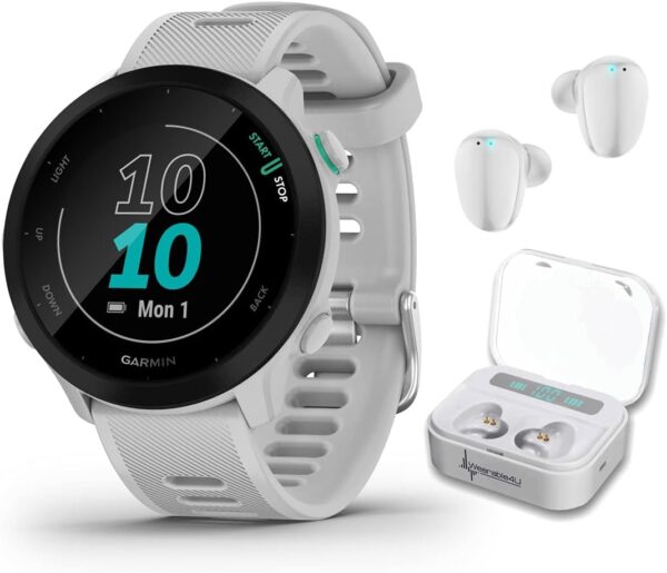 Wearable4U Garmin Forerunner 55 GPS Running 42 mm Watch with Daily Suggested Workouts, White White Earbuds Power Bundle